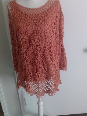 Ultra Pink Crochet Lace Boatneck Top in Rust